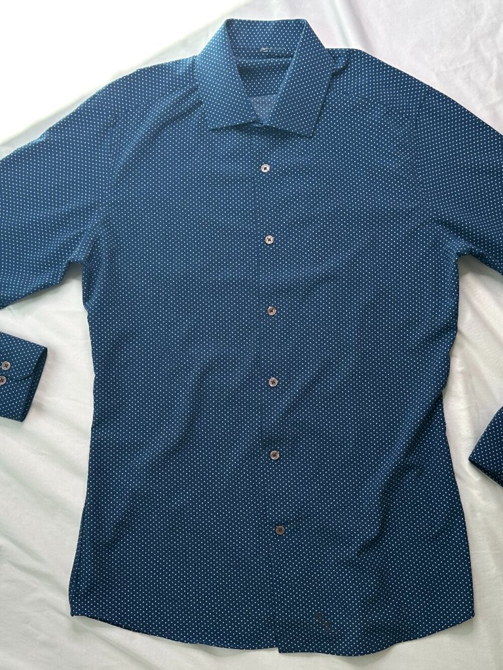 State & Liberty Dress Shirt Mens Medium Blue White Polka Dot Dress Performance